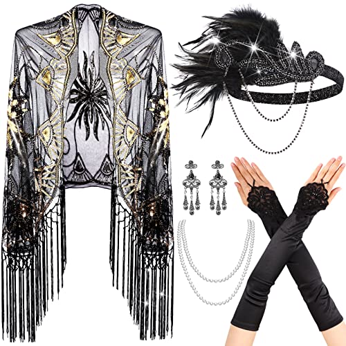 Zhanmai 5 Pcs 1920s Flapper Accessories for Women Roaring 20s Headpiece Shawl Necklace Earring Gloves - color: Black Gold, style: Retro