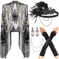 Zhanmai 5 Pcs 1920s Flapper Accessories for Women Roaring 20s Headpiece Shawl Necklace Earring Gloves - color: Black Gold, style: Retro