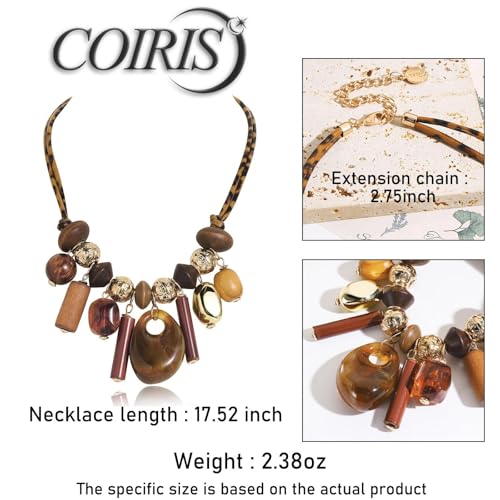 Coiris Chunky Statement Beaded Necklace for Women Bohemia Colorful Wooden Stone Beads Leather Rope Handmade Necklace Jewelry for Women - color: Leopard