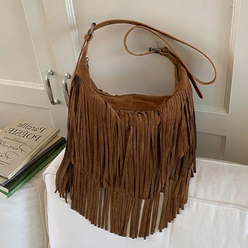 Fringe Genuine Suede Leather Hobo Bag Adjustable Crossbody Shoulder Bag Boho Retro Tassel Handbag Gift Box - color: Brown