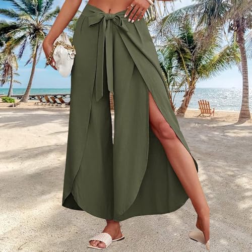 Wide Leg Tie Belted Linen Capri Pants for Women Casual High Waist Irregular Split Hem Palazzo Cropped Trousers - color: Army Green, size: Small