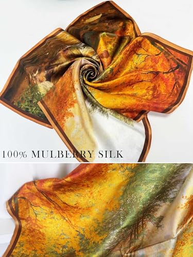 100% Mulberry Silk Scarf for Women Hair Lightweight Square Neckerchief Wrap For Head Scarves 21" - color: 24-golden Jungle /21"*21"