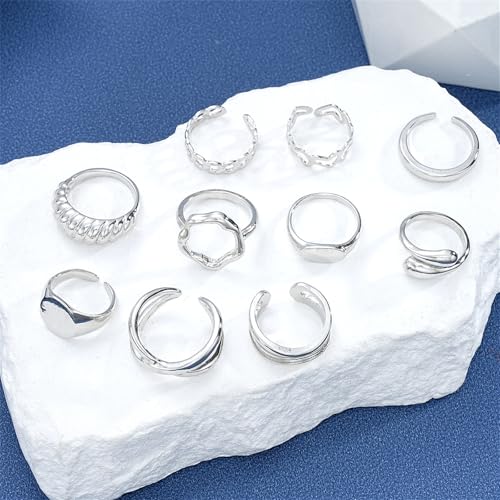 Knuckle Rings Set for Women, Chunky Stackable Joint Finger Statement Rings Vintage Adjustable Hollow Carved Midi Ring Pack Punk Aesthetic - style: B-10Pcs
