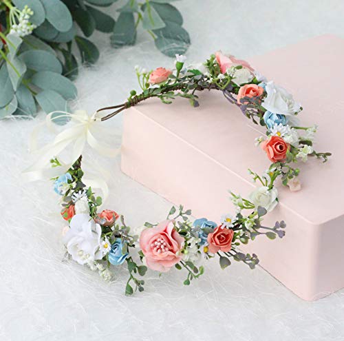 Vivivalue Bridal Floral Headband Rose Flower Crown Hair Wreath Floral Headpiece Halo Boho with Ribbon Wedding Party Photos - color: 52