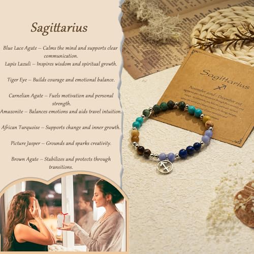 Zodiac Natural Stone Bracelet – Handmade Crystal Healing Bracelet with Zodiac Charm – Adjustable Beaded Jewelry Gift for Women Men Girls - color: Sagittarius