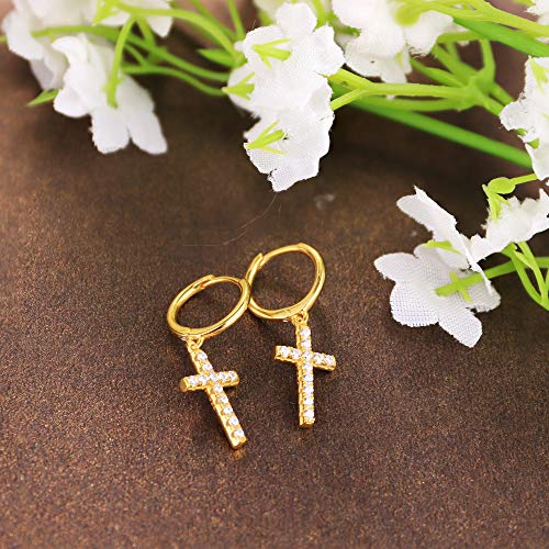 MILACOLATO 925 Sterling Silver Hoop Earrings for Women 18K Gold/Rhodium Plated Drop Dangle Hoop Earrings with Charms Cross Spike Moon Star Paperclip Link Statement Earrings Convertible Link Huggie Earrings Hypoallergenic - color: Gold Tone : Hoop with Dan