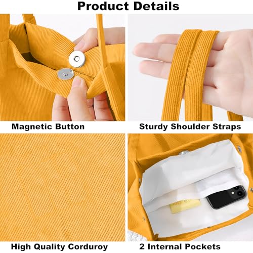 Corduroy Tote Bag for Women Small Canvas Shoulder Purse Cord Handy Bag with Inner Pocket | with Front Pocket - color: 02 Yellow