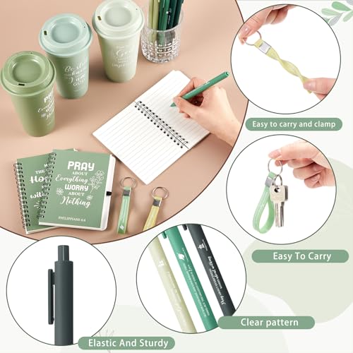 Skylety 12 Set/ 48 Pcs Christian Gifts for Women Men Religious Gift Set 16 oz Bible Scripture Cups with Lids Mini Spiral Notebooks Pens Keychains for Mother Father Birthday(Green Gradient) - color: Green Gradient