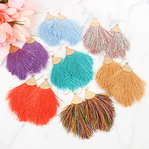 Bohemian Silky Thread Fan Fringe Tassel Statement Earrings - Lightweight Strand Feather Shape Dangles - color: Feather Fringe - Black Silver