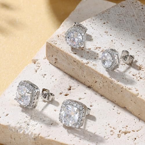 18K Gold Plated Halo Stud Earrings 925 Sterling Silver Cubic Zirconia Stud Earrings Round Square Diamonique Stud Earrings Set for Women Men - color: Silver