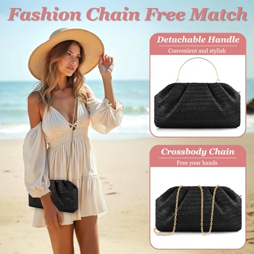 ERKOON Clutch Purse for Women Elegant Pleated Evening Bag Crossbody Shoulder Handbag Envelope Bag with 2 Detachable Chain - color: Black-1