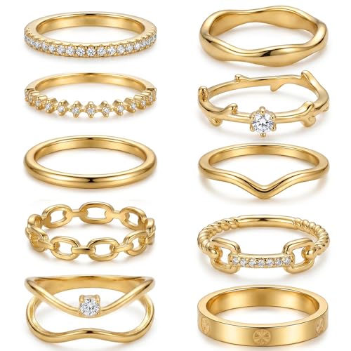 14K Gold Plated Stackable Rings for Women, Non Tarnish Cubic Zirconia Dainty Band Set, Wedding Engagement & Promise Rings, Sizes 5-10