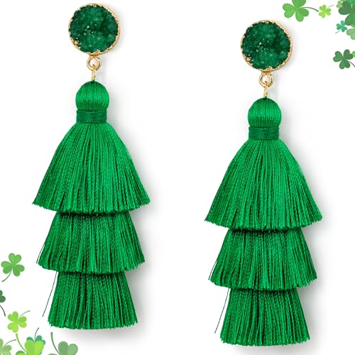 Me&Hz Colorful Layered Tassel Earrings Bohemian Statement Tiered Tassel Big Dangle Drop Earrings for Women Druzy Studs Valentine’s Day Gift - color: Green