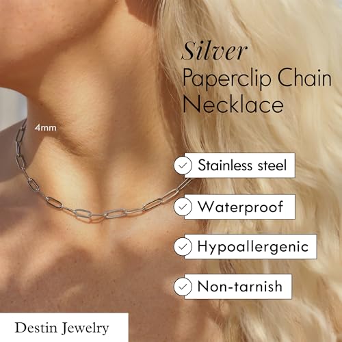 Destin Jewelry Paperclip Chain Necklace for Women, Waterproof 18K Gold Plated Stainless Steel, Hypoallergenic, Adjustable Layering Chain, Tarnish-Resistant, 2.5–6.5mm - color: Stainless Steel, size: 18" + 2", style: 4 MM