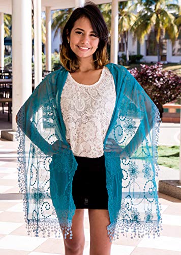Cindy & Wendy Lightweight Soft Leaf Lace Fringe Scarf Bridal Shawl for Women - color: Blue