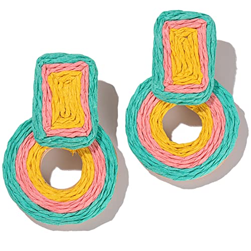 Statement Raffia Earrings Cute Boho Earrings Rattan Dangle Earrings Handmade Straw Wrap Earrings Summer Drop Dangling Earrings for Women Teen Girls - color: Teal/Pink/Yellow
