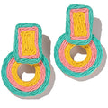 Statement Raffia Earrings Cute Boho Earrings Rattan Dangle Earrings Handmade Straw Wrap Earrings Summer Drop Dangling Earrings for Women Teen Girls - color: Teal/Pink/Yellow
