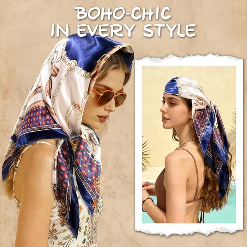 Large Square Head Scarf Bandana - 35" Satin Hair Scarf for Women Like Silk Scarf Fashion Hair Wrapping - color: Equestrian Chain(blue), size: 35IN*35IN