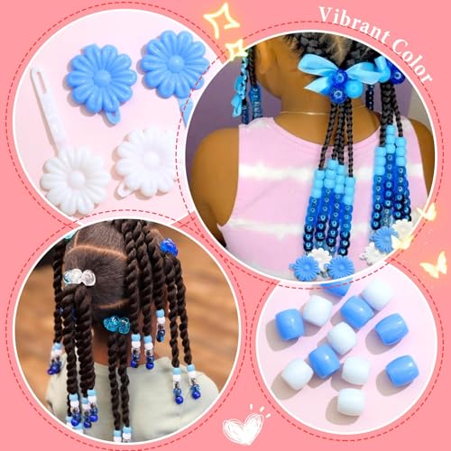 60PCS Hair Beads Blue White Acrylic Pony Bead for Hair Dreadlock Flower Self Hinge Hair Barrettes Cute Braid Beads for Kids Girls 80s 90s Cartoon Plastic Clips Hair Decoration Accessories - color: Blue&White