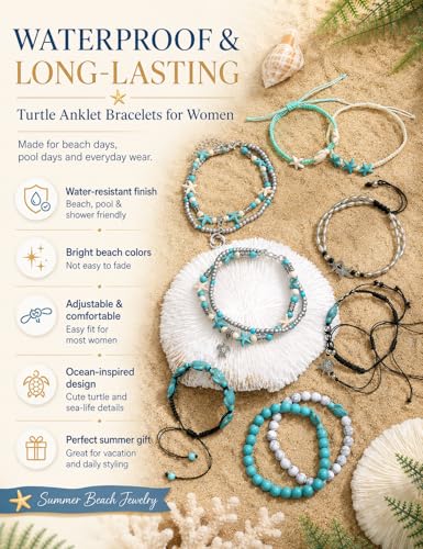 FASACCO 10 PCS Turtle Ankle Bracelets for Women Waterproof Handmade Starfish Sea Turtle Bracelet Adjustable Boho Summer Beach Bracelets for Women Men Bahamas Souvenirs