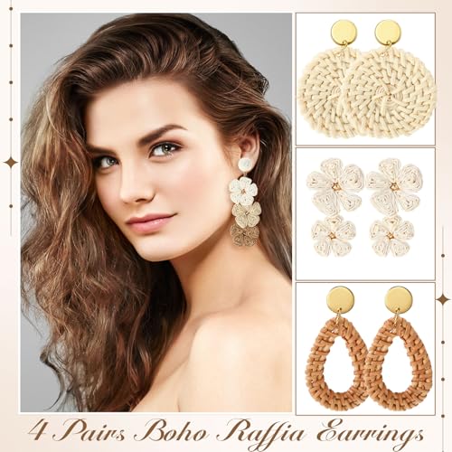 Sumind 4 Pairs Boho Raffia Earrings for Women Flower Round Drop Dangle Woven Earrings Summer Vacation Tropical Beach Natural Handmade Raffia Jewelry Gifts Set Bohemian Accessories