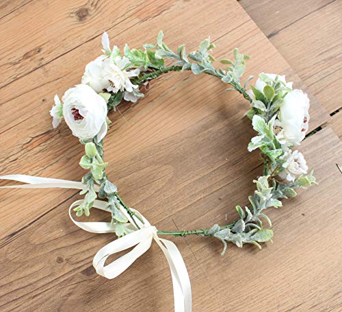 Vivivalue Boho Flower Crown Flower Garland Headband Hair Wreath Floral Headpiece Halo with Ribbon Wedding Party Photos Festival White - color: 50