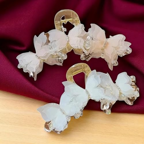 Set 2pcs Elegant Butterfly Hair Clips, Pearl Decorated Crab Claw Hairpins, White Wedding Hair Accessories, 4.92 x 2.55 inches