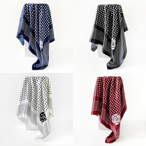 Ciormis 35" Silk Head Scarf for Women, 4 Pcs Satin Hair Scarf Square Silk Bandana Top Neck Scarves Hair Wraps for Sleeping - color: G1-dots-set12