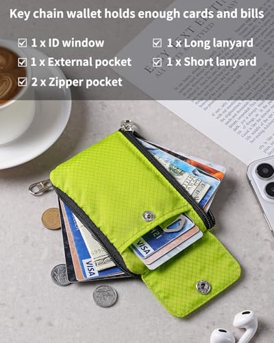Artpaxy Minimalist Wallet For Mens Womens, Keychain RFID Blocking Zipper Small Wallet with ID Window 2 Lanyards,Water Resistant Travel Cash Card Coin Case Boys Girls - color: Neon green, style: Casual