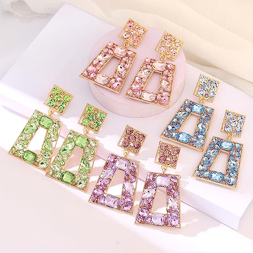 Rhinestone Rectangle Statement Earrings Colorful Crystal Geometric Drop Dangle Earrings for Women Prom Party - color: Lime Green