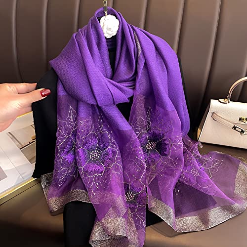 WINCESS YU Women Mulberry Silk Scarf Long & Large Embroidered Floral Pattern Shawl and Wraps Neckerchief for Hair & Neck - color: Purple