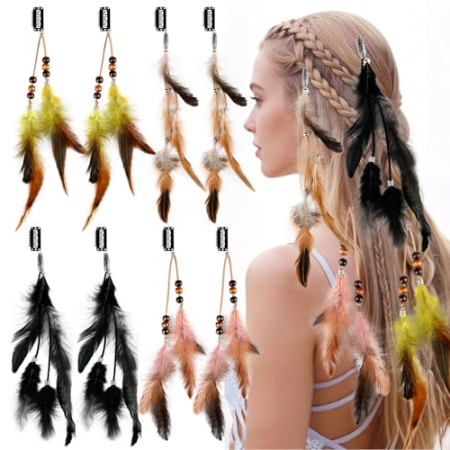 8Pcs Feather Hair Clips bohemian Hippie hair Extensions gypsy hair accessories Indian Tassel Feathers Beads for Festival Headwear Halloween Cosplay Carnival Party (Mix Colors)