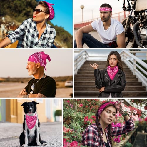 PLULON Bandanas for Men Women 4/12/24/30 Pack, Paisley Pattern Bandana Bulk Headbands Handkerchief Face Mask 100% Polyester - color: Hot Pink
