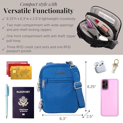Baggallini Securtex® Anti-theft Mini Everything Crossbody Bag, 6.3"x8.25" Rfid, Locking Zippers & Cut-resistant Strap - color: Lapis