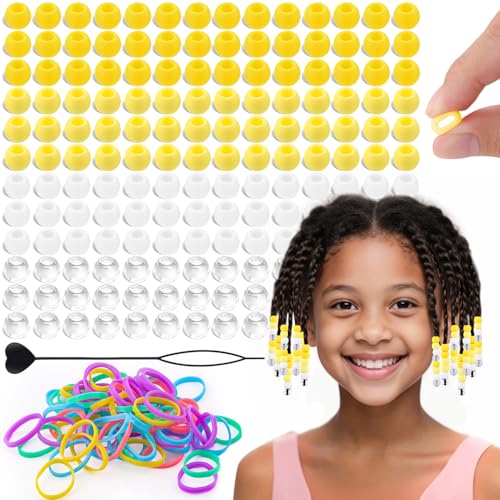 160Pcs 10mm Small Silicone Beads for Hair Braids, Soft Jellyish Pony Hair Beads with 5mm Hole + 50 Rubber Bands and 1 Beader for Braiding, DIY Bracelets Necklaces Crafts (Yellow) - color: Yellow Mix-160Pcs