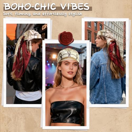 Large Square Head Scarf Bandana - 35" Satin Hair Scarf for Women Like Silk Scarf Fashion Hair Wrapping - color: Rope Crest(burgundy), size: 35IN*35IN