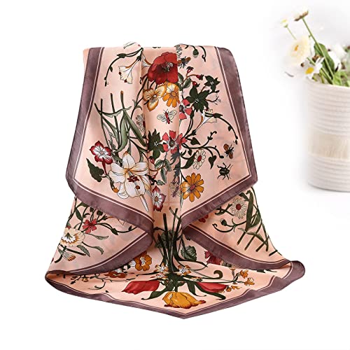 AWAYTR 27.5” Silk Satin Square Head Scarf - 4PCS Satin Head Scarves for Women Hair Kerchief Bandanas Sleeping Head Wraps - color: Print (Black/Gray/Coffee/Cyan)