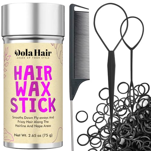 Dolahair Hair Wax Stick & Accessories - Flyaway Control for Kids & Women, 50 Pcs Colorful Elastic Hair Bands, 1 Pcs Slick Back Hair Brush, 2 Hair Loop Styling Tools (Black) - color: Black