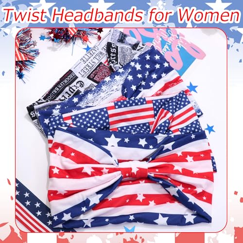 4th of July Headbands for Women 4 Pack American Flag Wide Twist Knotted Head Bands Elastic Stretchy Hair Bands Wraps Independence Day Festival Turbans Yoga Workout Hair Accessories - color: Red+Blue+White