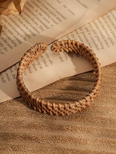 MINACHI Rattan Bracelet for Women, Handmade Lightweight Straw Wicker Braid Cuff Bangle, Adjustable Bohemian Woven Chunky Wrist Jewelry