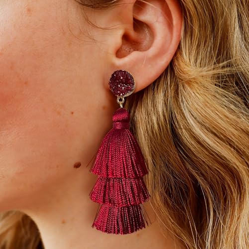 Me&Hz Colorful Layered Tassel Earrings Bohemian Statement Tiered Tassel Big Dangle Drop Earrings for Women Druzy Studs Valentine’s Day Gift - color: Burgundy