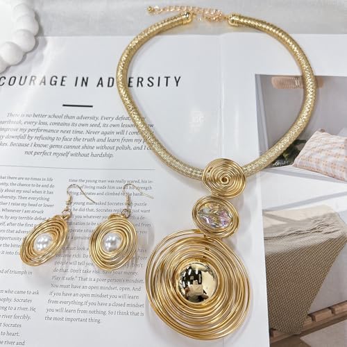 Large Spiral Pearl Rhinestone Pendant Necklace Earring Set for Women Handmade Chunky Statement Collar Choker Fashion Ethnic Tribal Wire Wrapped Adjustable Rope Chain Banquet Party Dress Jewelry - color: Gold