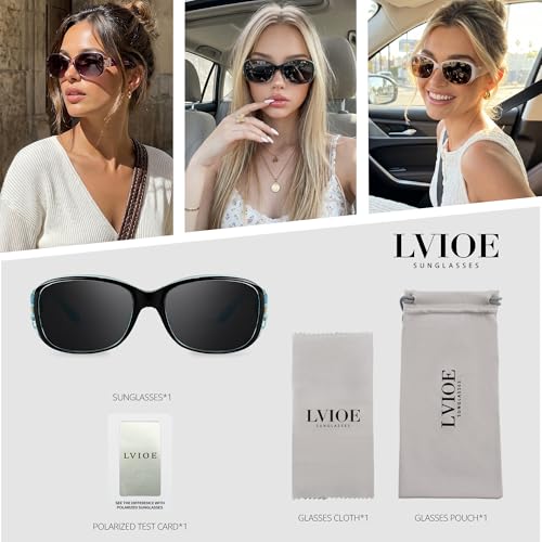 LVIOE Trendy Sunglasses for Women, Polarized Chic Wrap Around Sun Glasses UV400 Protection - color: A1 Black Blue Frame/Grey