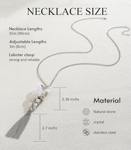 Noessla Boho Long Pendant Necklaces for Women Silver Tassel Long Necklace Sweater Chain Mothers Day Gifts Silver Costume Jewelry for Women - color: White