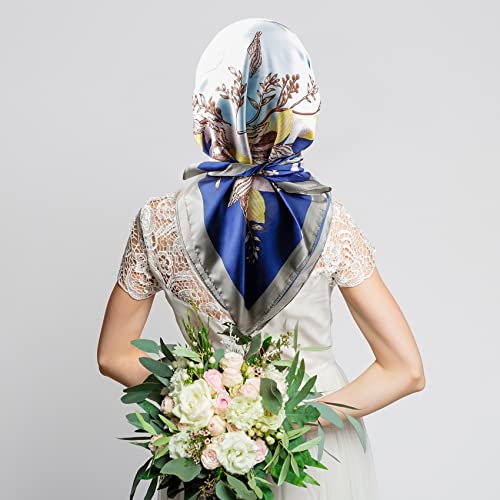 NZKNP Silk-Like Head Scarf - Women's Bandana Wraps - color: 26-dark and Light Blue, size: 35"*35"