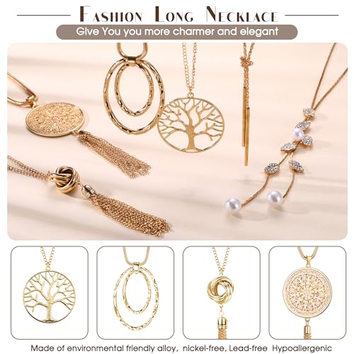 6Pcs Long Necklaces for Women Tassel Pendant Necklace Circle Knot Bar Feather Leaf Sweater Necklace Statement Necklace for Women - color: GOLD-A