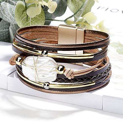 Fesciory Leopard Bracelet for Women, Boho Leather Wrap Multi-Layer Pearl Crystal Bracelet Bangle Jewelry - style: Brown Leather(Pearl)