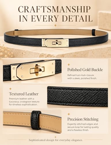 BEMYLV Skinny Belts for Women Dresses Turn-Lock Gold Buckle Adjustable Fashion Waist Belt for Pants Jeans Business Casual - color: Black