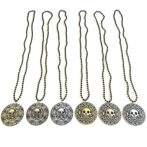 6 Pcs Halloween Pirates Coin Beads Necklaces Pirate Festival Pendant Skull Necklaces Props Party Decorations