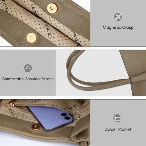 KKXIU Tote Bag for Women Vegan Leather Shoulder Purse Large Capacity Travel Bag - color: Khaki